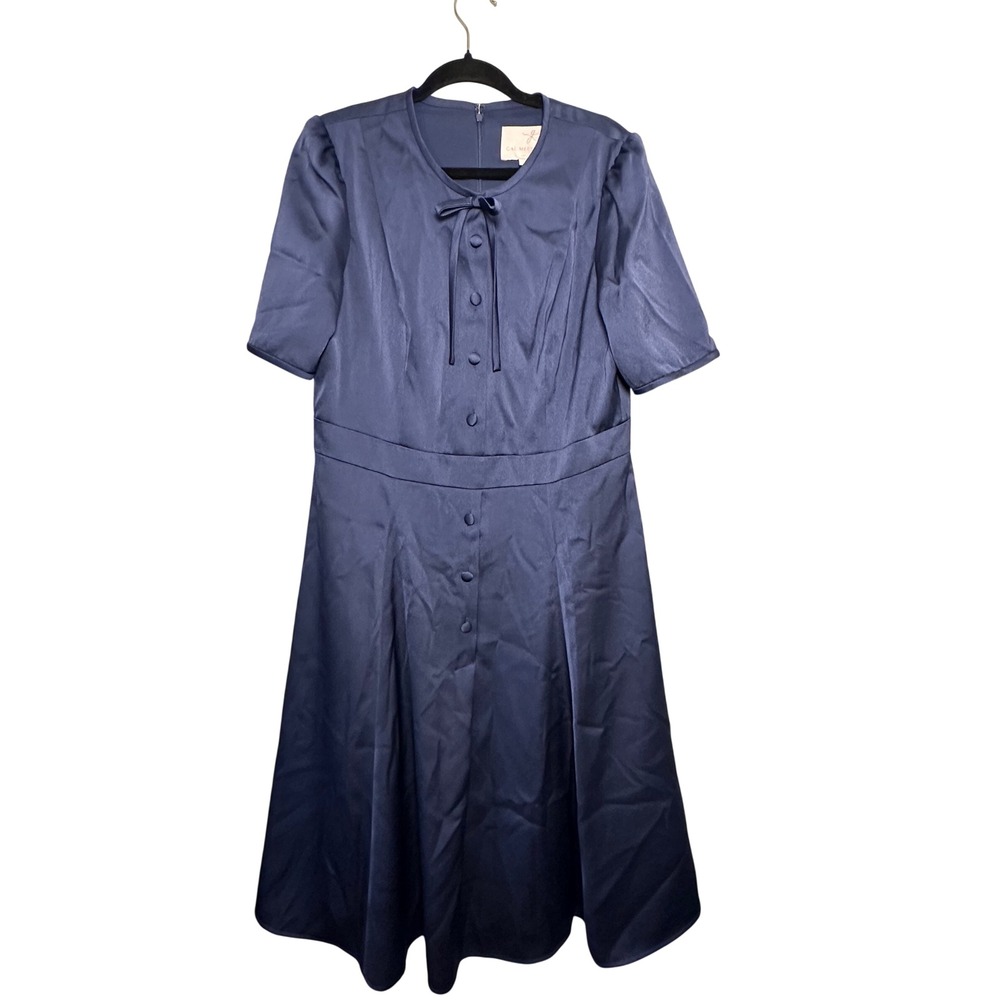 Gal Meets Glam‎ Collection Navy Blue Satin Button Front Midi Dress Size 14